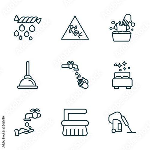 set of 9 linear icons from cleaning concept. outline icons such as squeeze, wet floor, washing clothes, hand wash, scrub brush, hoover vector