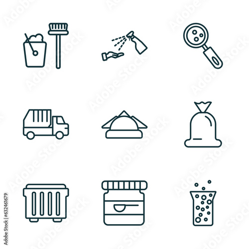 set of 9 linear icons from cleaning concept. outline icons such as dustpan cleanin, sterilization, hygroscopic, dumpster, baking soda, hard water vector