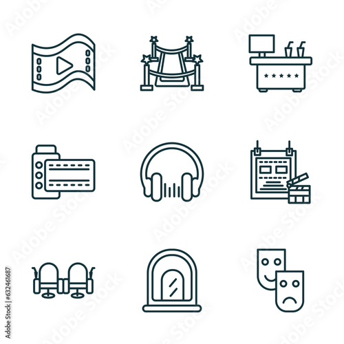 set of 9 linear icons from cinema concept. outline icons such as big play button, red carpet, cinema snack bar, cinema seats, ticket window, movie theatre vector