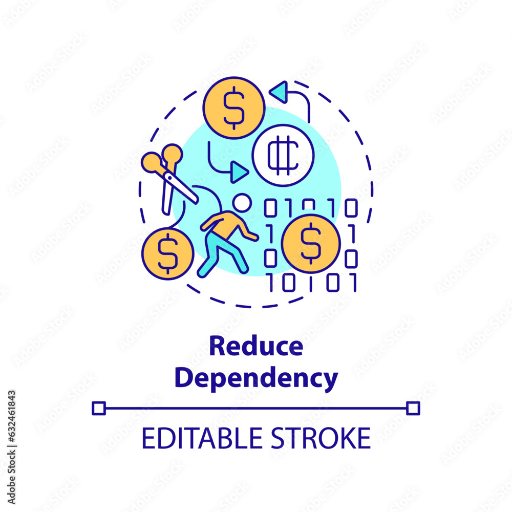 2D editable reduce dependency thin line icon concept, isolated vector, multicolor illustration representing digital currency.