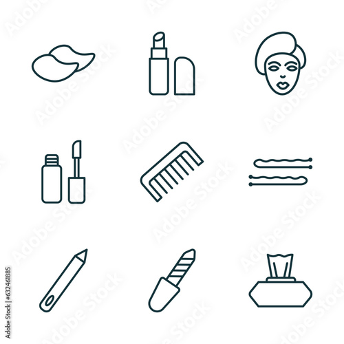 set of 9 linear icons from beauty concept. outline icons such as patches, inclined lipstick, woman face, pencils, pedicure, wipes vector