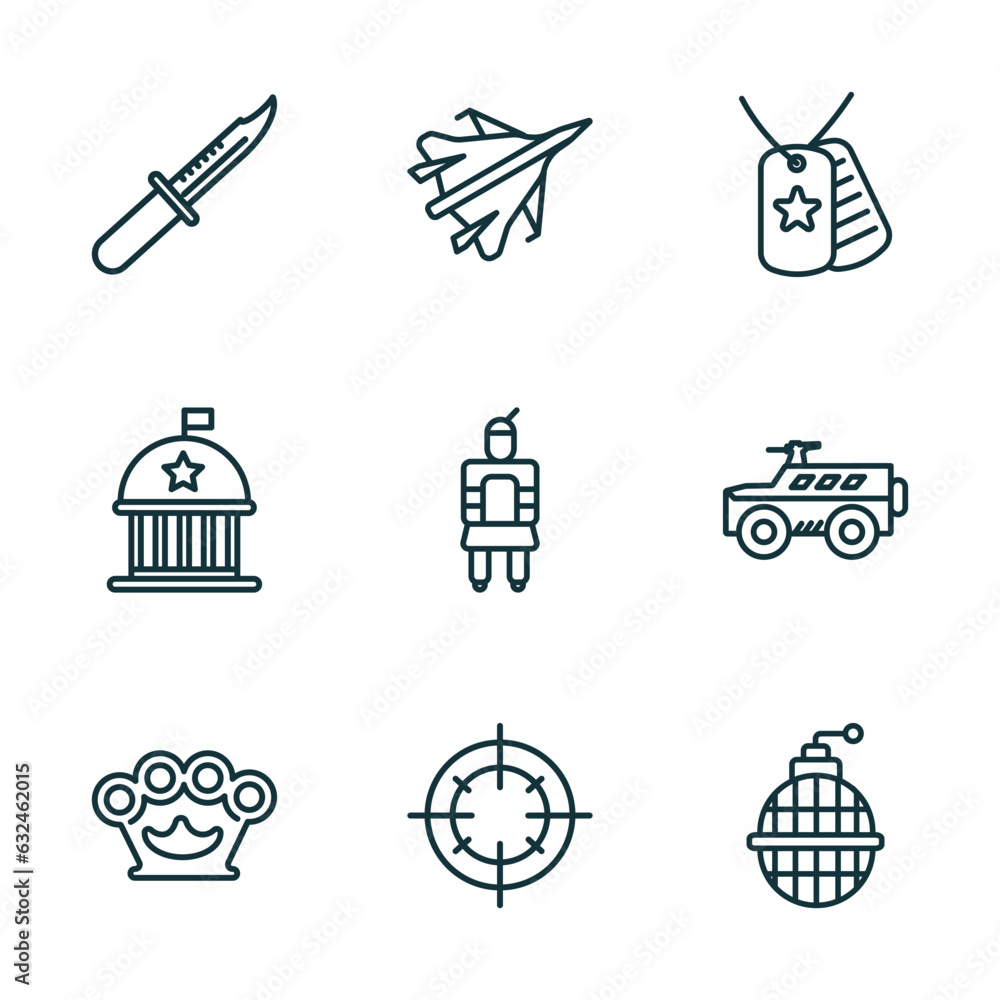 set of 9 linear icons from army and war concept. outline icons such as ...