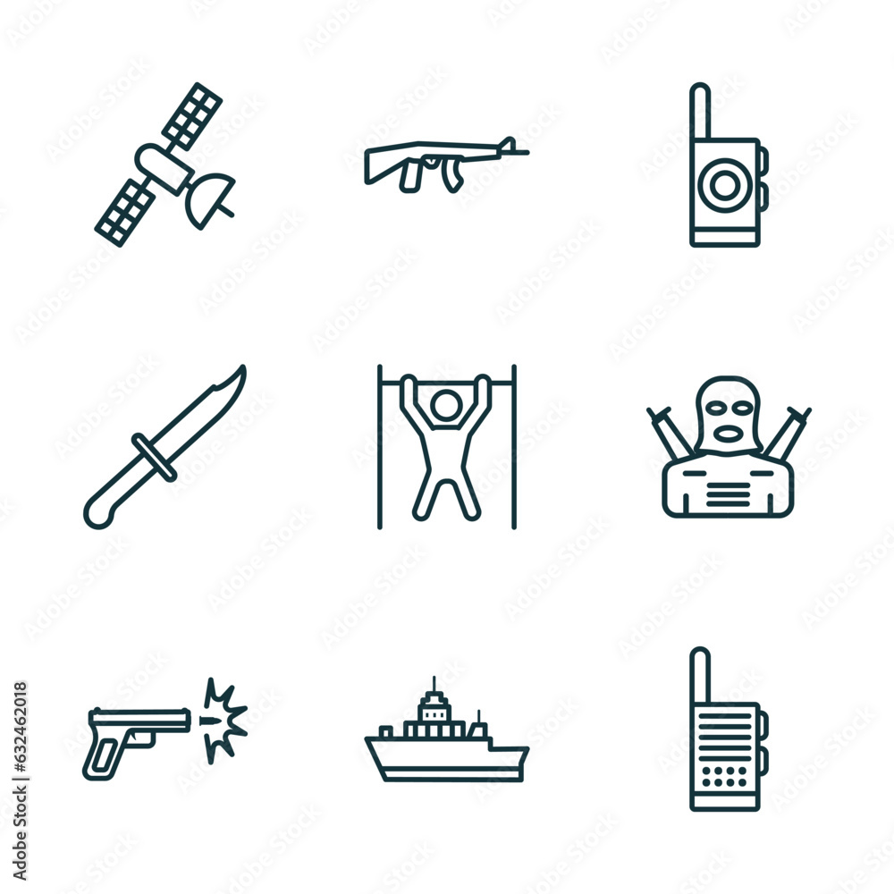 set of 9 linear icons from army and war concept. outline icons such as military satellites, rifle, walkie talkie, gun shooting, army boat, militar radio vector set of 9 linear icons from army and war concept. outline icons such as military satellites, rifle, walkie talkie, gun shooting, army boat, militar radio vector