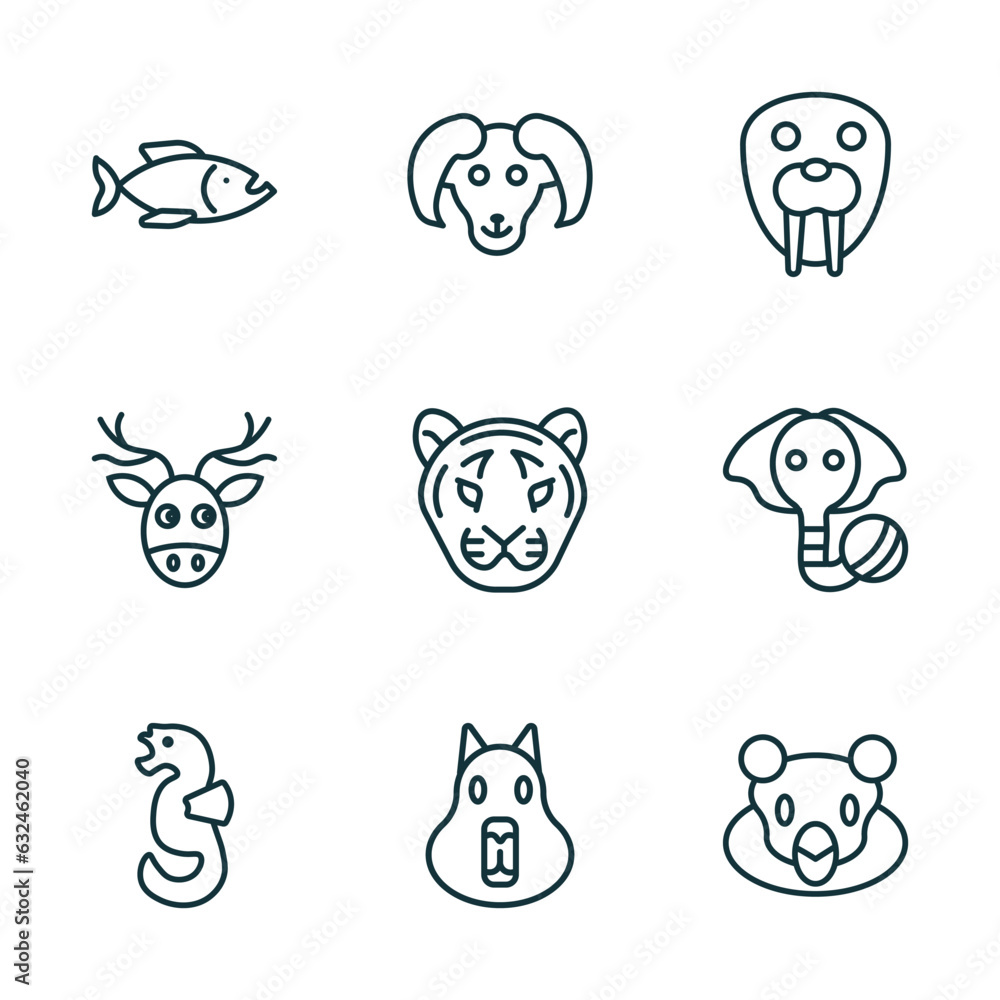 set of 9 linear icons from animals concept. outline icons such as piranha, male sheep, walrus, seahorse, capybara, snigir vector