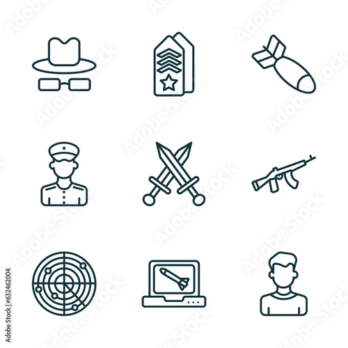 set of 9 linear icons from army and war concept. outline icons such as secret agent, shoulder strap, airplane bomb, militar radar, computer, civilian vector