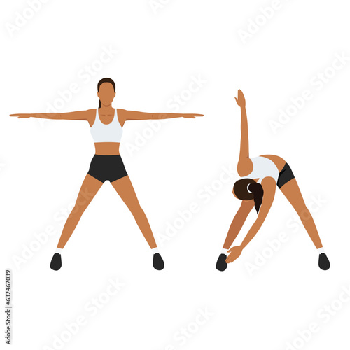 Woman doing exercise with cross body toe touches in 2 Step. Back Stretch.