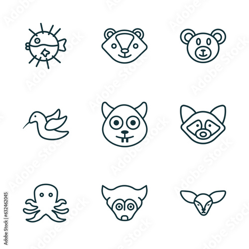 set of 9 linear icons from animals concept. outline icons such as globe fish, skunk, bear, octopus, siberian husky, fennec fox vector
