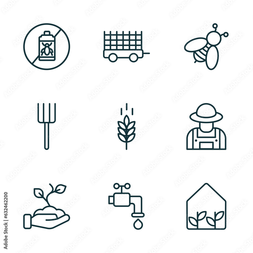 set of 9 linear icons from agriculture farming concept. outline icons such as pesticide, farm trailer, bees, planting, faucet, greenhouse vector set of 9 linear icons from agriculture farming concept. outline icons such as pesticide, farm trailer, bees, planting, faucet, greenhouse vector