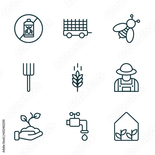 set of 9 linear icons from agriculture farming concept. outline icons such as pesticide, farm trailer, bees, planting, faucet, greenhouse vector
