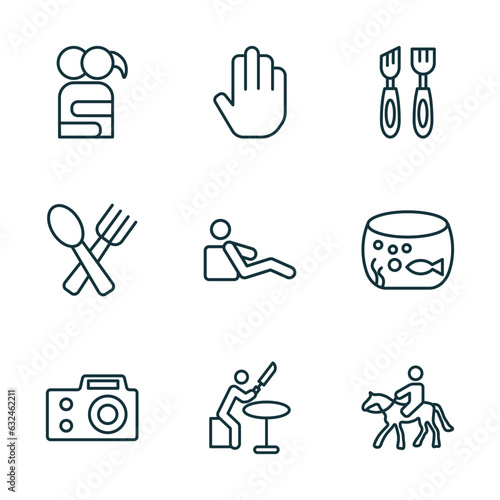 set of 9 linear icons from activity and hobbies concept. outline icons such as couple huging, greeting, wood carving, photography, knife making, horse riding vector