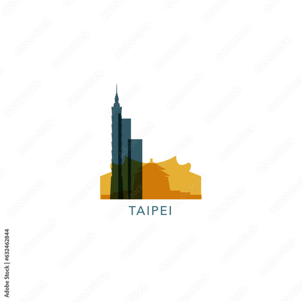 Taipei Taiwan cityscape skyline city panorama vector flat modern logo icon. Republic of China region emblem idea with landmarks and building silhouettes