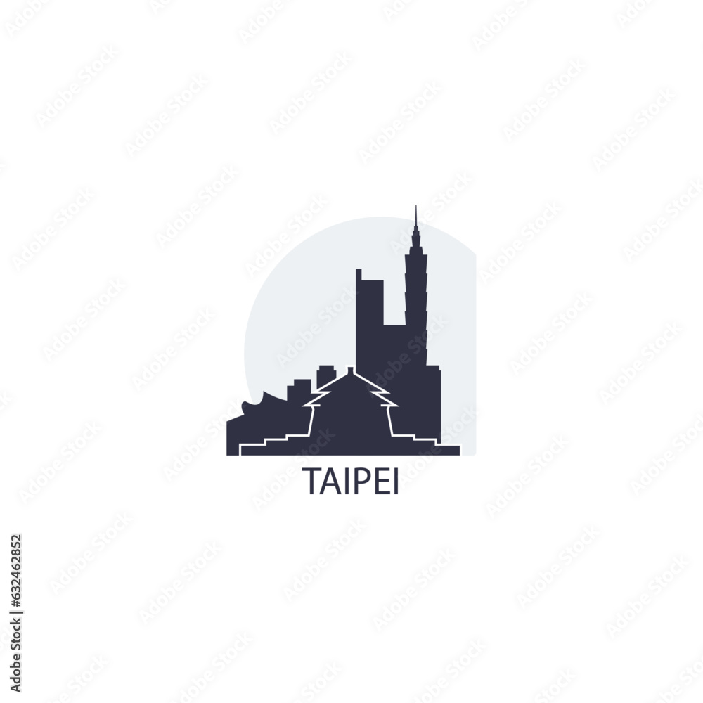 Taipei Taiwan cityscape skyline city panorama vector flat modern logo icon. Republic of China region emblem idea with landmarks and building silhouettes at sunrise sunset Taipei Taiwan cityscape skyline city panorama vector flat modern logo icon. Republic of China region emblem idea with landmarks and building silhouettes at sunrise sunset