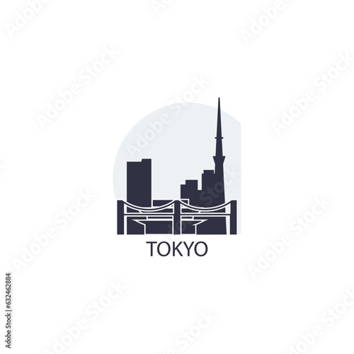 Japan Tokyo cityscape skyline city panorama vector flat modern logo icon. Asian Japanese capital metropolitan region emblem idea with landmarks and building silhouettes at sunrise sunset