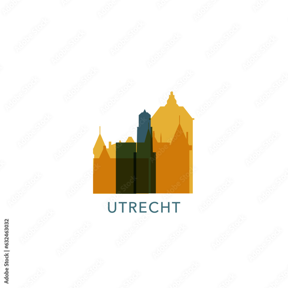 Netherlands Utrecht cityscape skyline city panorama vector flat modern logo icon. Holland province emblem idea with landmarks and building silhouettes Netherlands Utrecht cityscape skyline city panorama vector flat modern logo icon. Holland province emblem idea with landmarks and building silhouettes
