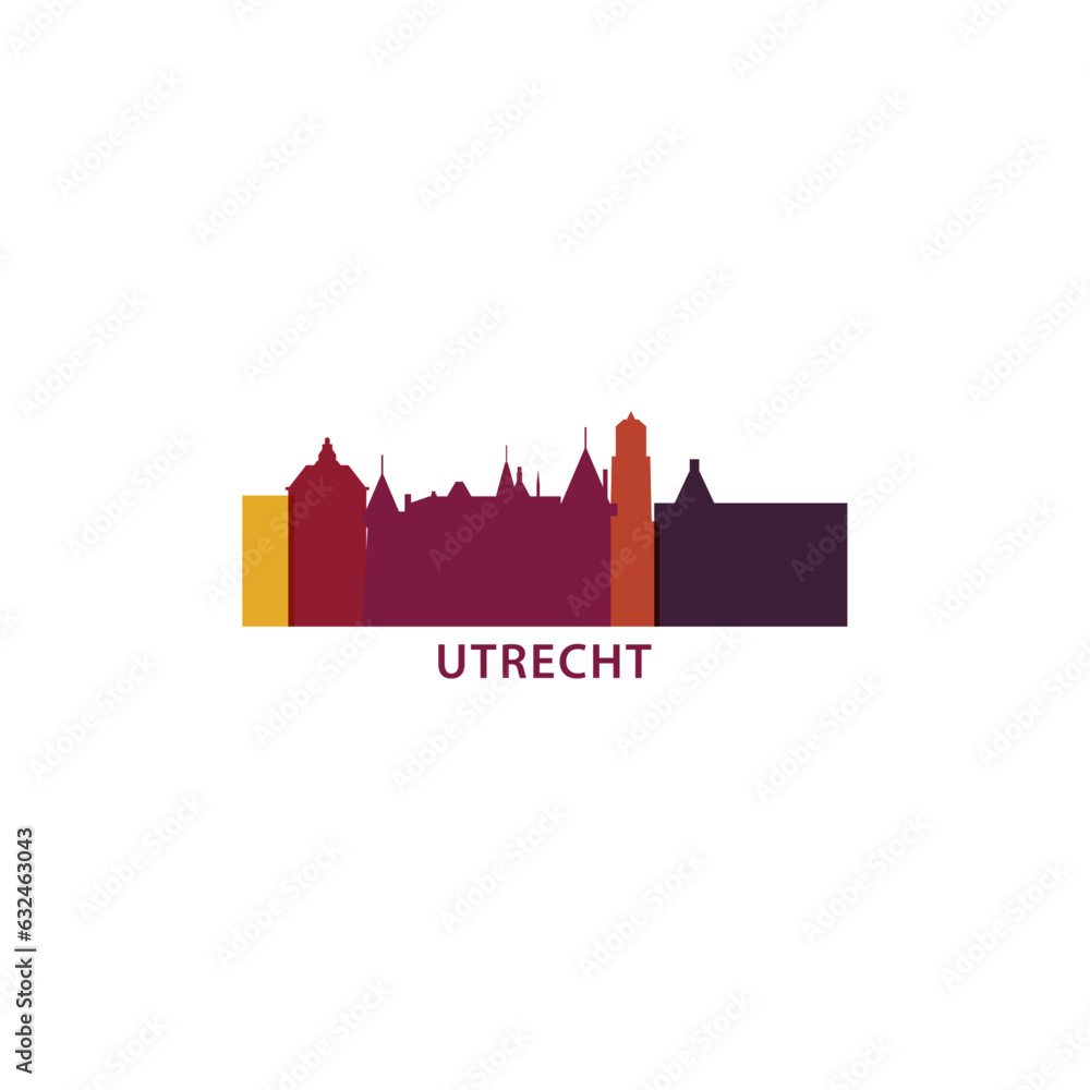 Netherlands Utrecht cityscape skyline city panorama vector flat modern logo icon. Holland province emblem idea with landmarks and building silhouettes