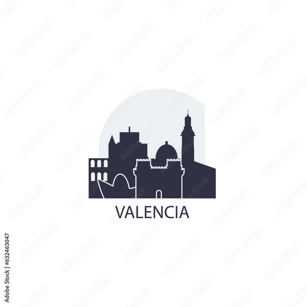 Spain Valencia cityscape skyline capital city panorama vector flat modern logo icon. ‎Valencian Community emblem idea with landmarks and building silhouettes at sunrise sunset