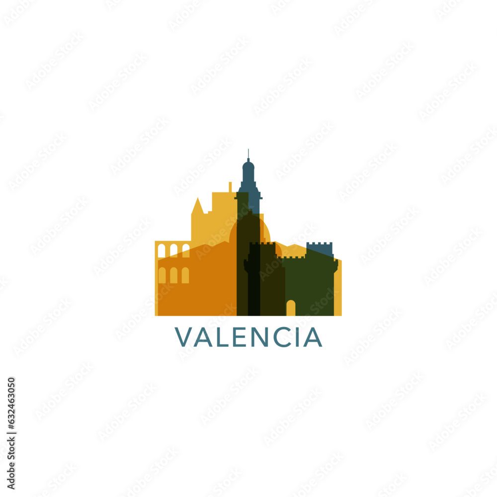 Spain Valencia cityscape skyline capital city panorama vector flat modern logo icon. Valencian Community emblem idea with landmarks and building silhouettes Spain Valencia cityscape skyline capital city panorama vector flat modern logo icon. Valencian Community emblem idea with landmarks and building silhouettes