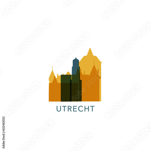 Netherlands Utrecht cityscape skyline city panorama vector flat modern logo icon. Holland province emblem idea with landmarks and building silhouettes
