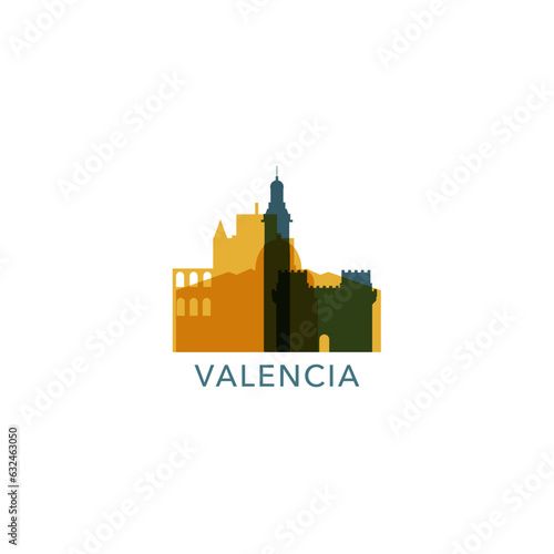 Spain Valencia cityscape skyline capital city panorama vector flat modern logo icon. ‎Valencian Community emblem idea with landmarks and building silhouettes