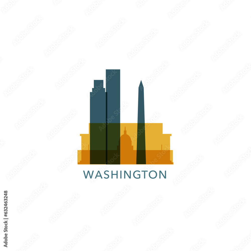 USA United States Washington DC cityscape skyline city panorama vector flat modern logo icon. US capital District of Columbia emblem idea with landmarks and building silhouette 