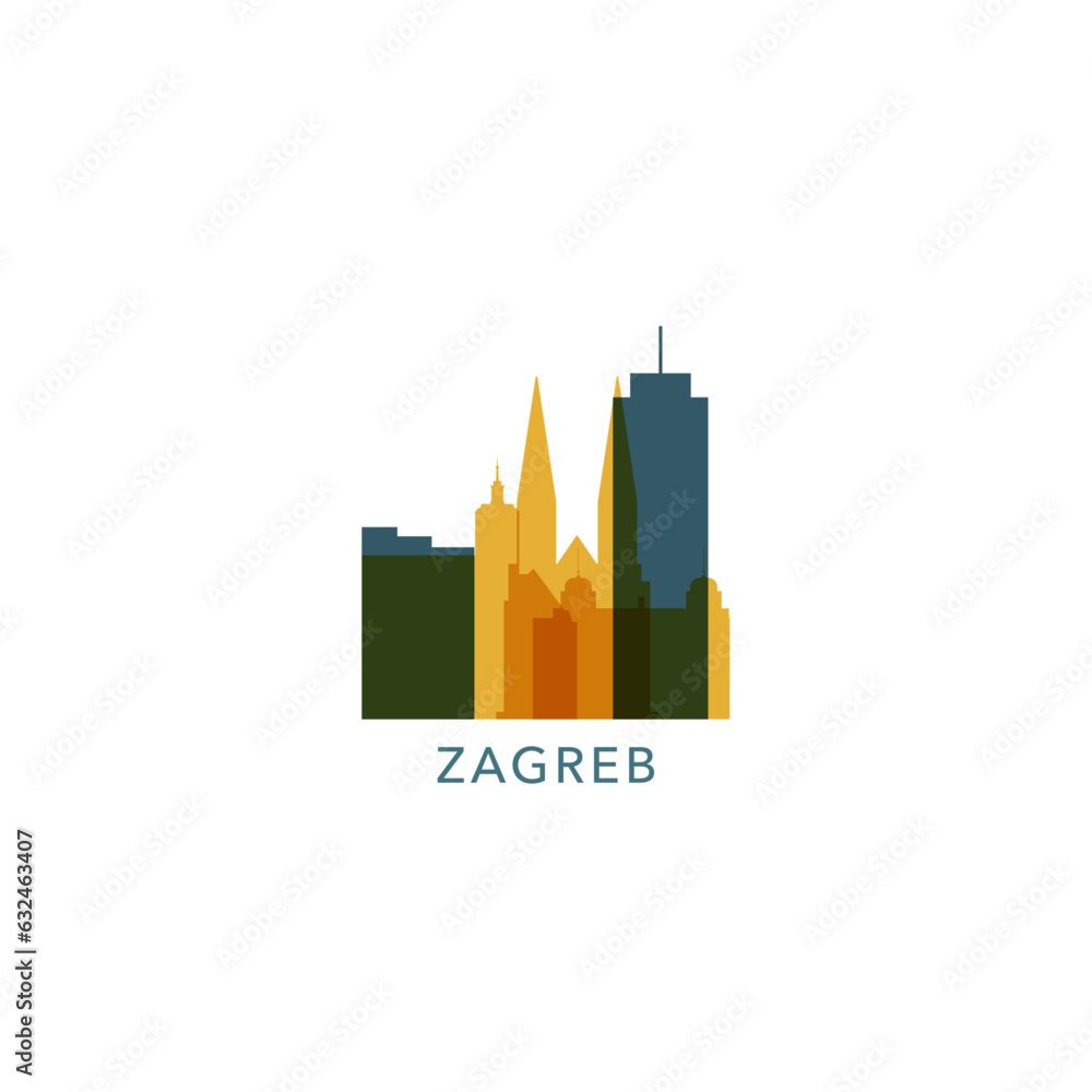Croatia Zagreb cityscape skyline capital city panorama vector flat modern logo icon. South Europe region emblem idea with landmarks and building silhouettes