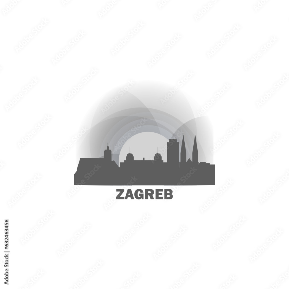 Croatia Zagreb cityscape skyline capital city panorama vector flat modern logo icon. South Europe region emblem idea with landmarks and building silhouettes at sunrise sunset