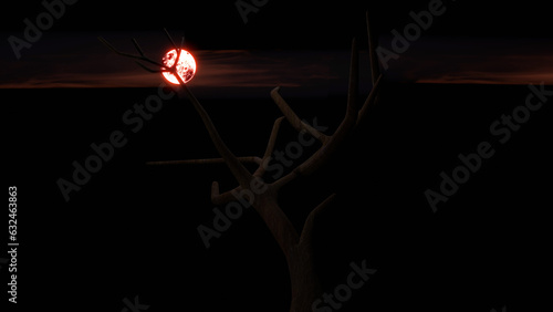 Red moon behind tree 3d rendering.