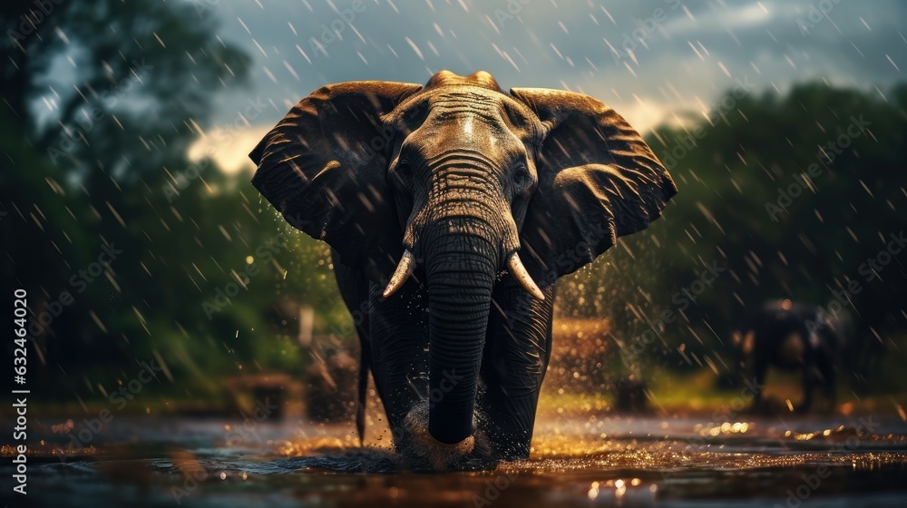 Fototapeta premium Epic Photography Shot of Elephant on Rainy Day. Lively Rainy Season Concept. Generative Ai