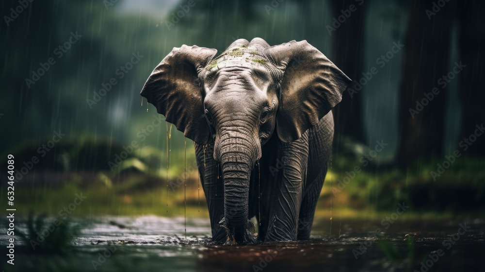 Fototapeta premium Epic Photography Shot of Elephant on Rainy Day. Lively Rainy Season Concept. Generative Ai