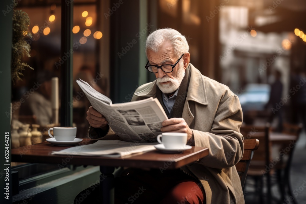 Gray elderly man reading newspaper sitting on the cafe terrace Gray elderly man reading newspaper sitting on the cafe terrace