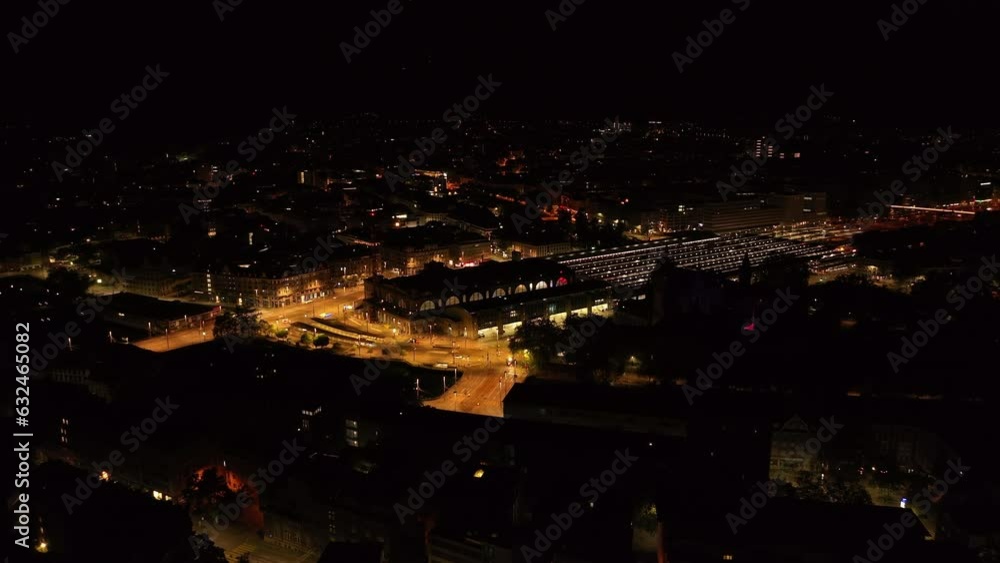 Aerial view of SBB Zurich Hauptbahnhof at night and surrounding illuminated streets. Night cityscape with main train station. Zurich, Switzerland Aerial view of SBB Zurich Hauptbahnhof at night and surrounding illuminated streets. Night cityscape with main train station. Zurich, Switzerland