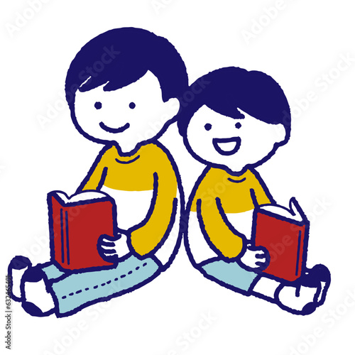 仲良く絵本を読む兄弟のイラスト