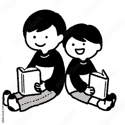 仲良く絵本を読む兄弟のイラスト