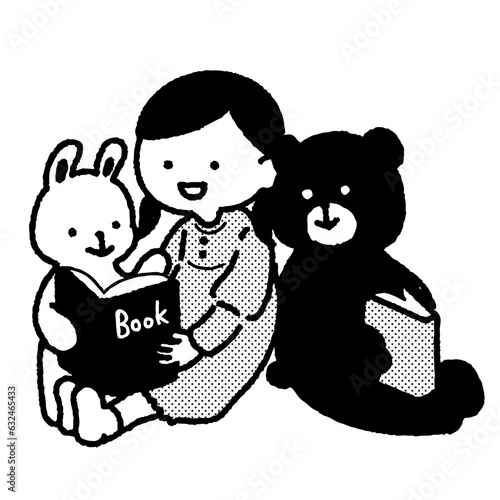 動物と絵本を読むかわいい女の子