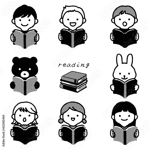 本を読む笑顔の子供と動物のモノクロイラスト