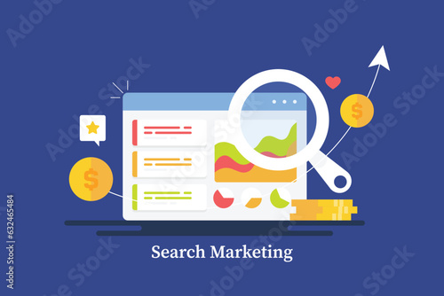 Search marketing and online advertising data analytics KPI diagram chart displays on business intelligence software web application window, marketing budget and ROI analytics, banner.