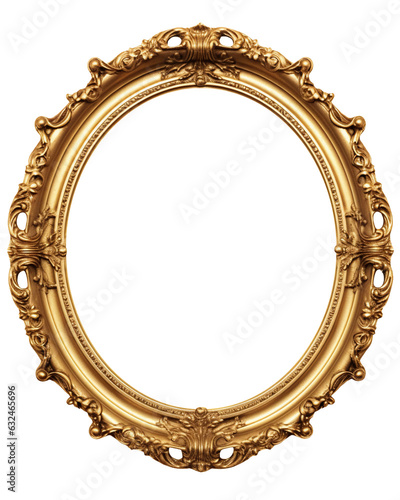 Antique round oval gold picture mirror frame isolated on transparent or white background, png