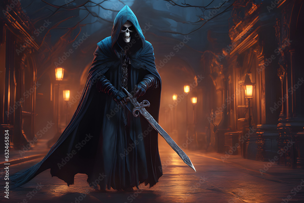 Death in a cloak with a hood. Scary grim reaper. Generative AI
Death in a cloak with a hood. Scary grim reaper. Generative AI