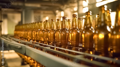 Beer bottles on the conveyor belt in the brewery factory. Conveyor Bottling Brewery. 