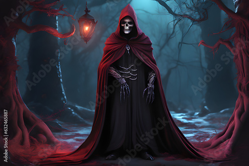 Death in a cloak with a hood. Scary grim reaper. Generative AI 