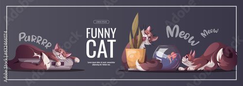 Banner design with sleeping, eating and playing cats. Pet, kitty, kitten, animal, domestic life, veterinary concept. Vector illustration for promo, banner, advertising.