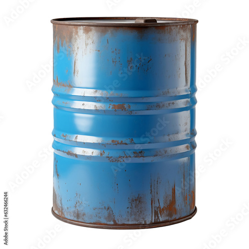 Old rusty blue steel oil barrel isolated on transparent or white background, png
