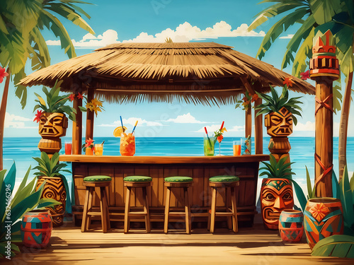Tiki bar. Tropical background , Generate  Ai art.