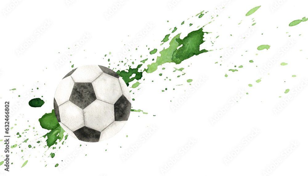 Fototapeta premium Soccer ball with watercolor splashes. Football ball. Watercolor hand drawn illustration. Sports equipment. Isolated. For football club, sporting goods stores, poster and postcard design