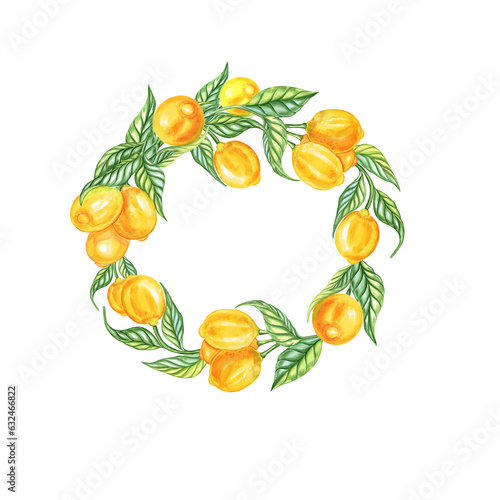 Watercolor lemons round wreath frame. Hand drawn postcard in Italian style. Design for invitation and congratulations.