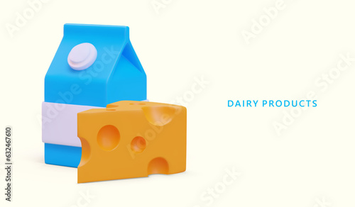 3d realistic plastic bottle with milk and piece of yellow cheese. Concept of dairy products. Natural food, milk products. Vector illustration with place for text