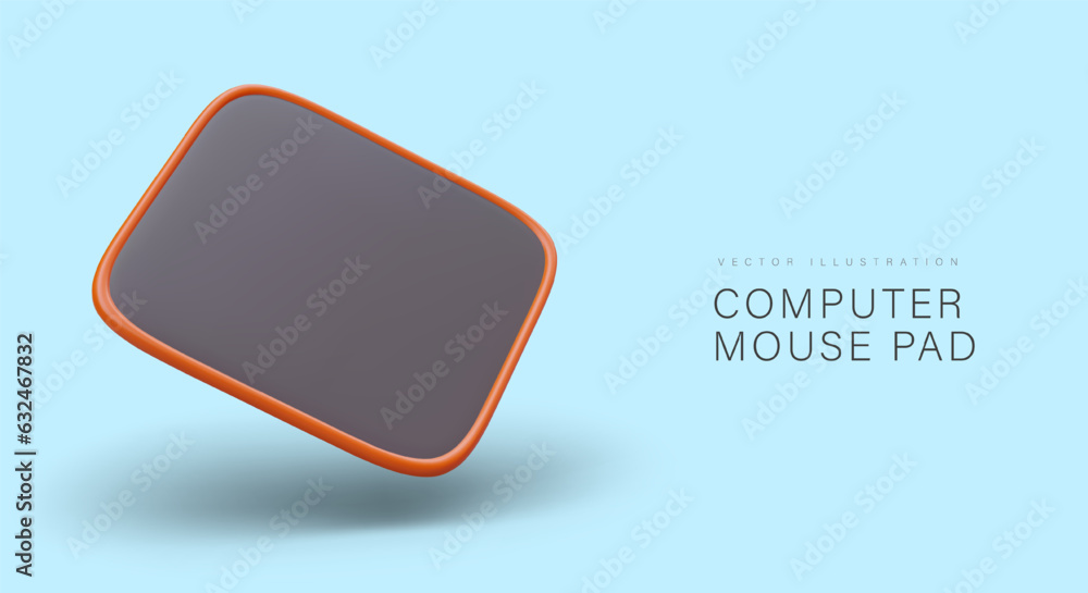 Realistic computer mouse mat. Pad for gadget with anti slip coating. Horizontal commercial banner on blue background. Vector template for web design with text Realistic computer mouse mat. Pad for gadget with anti slip coating. Horizontal commercial banner on blue background. Vector template for web design with text