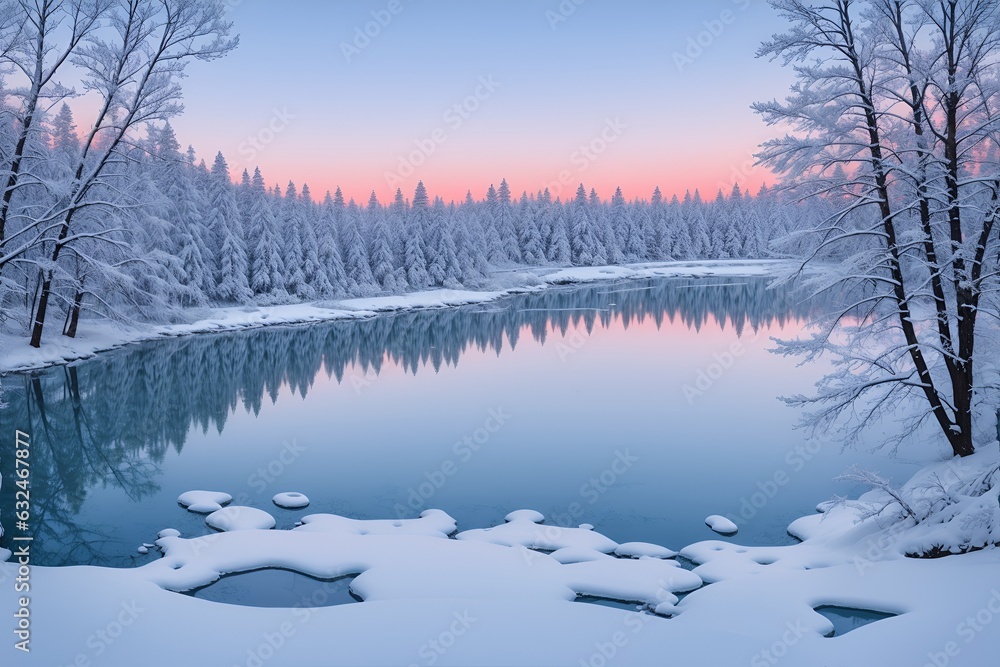 Winter landscape with snowy pine trees and lake. Card for winter season. Generative AI