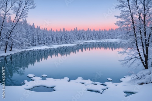 Winter landscape with snowy pine trees and lake. Card for winter season. Generative AI © AlbertBS