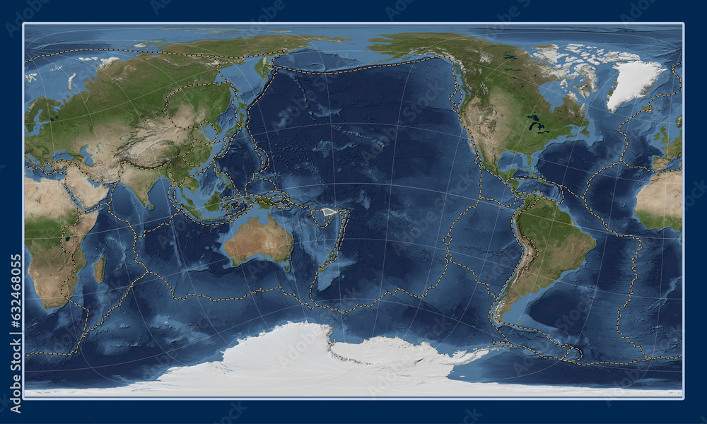 Balmoral Reef tectonic plate. Satellite. Patterson Cylindrical Oblique. Boundaries